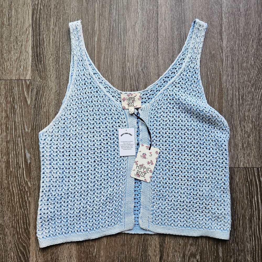 Hippie Rose Blue Crochet Knit Tank Top Sleeveless Crop Summer Casual Cute L